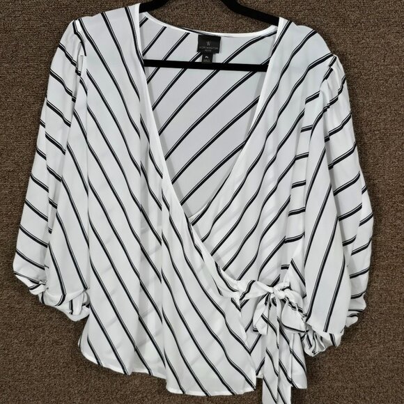 Worthington Stripped Wrap Blouse PL White and Black- Pre-Owned - Picture 1 of 7